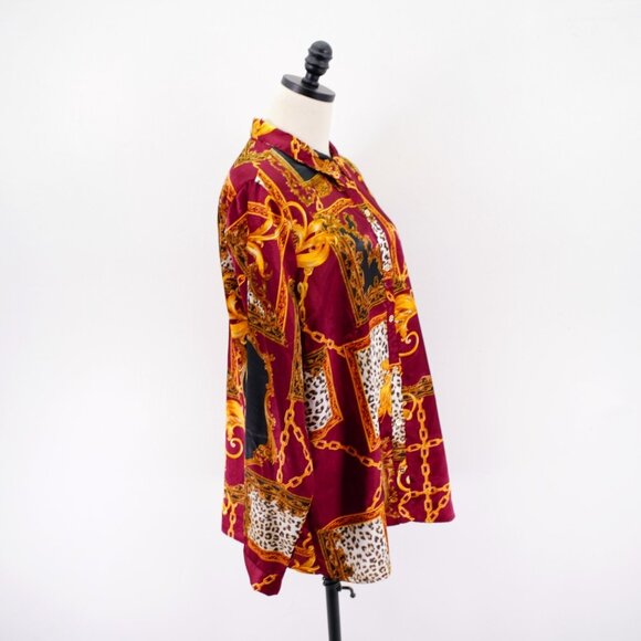 Guess XL Red Yellow Shiny Polyester Collared Button Front Top Shirt Baroque Long - Picture 7 of 9